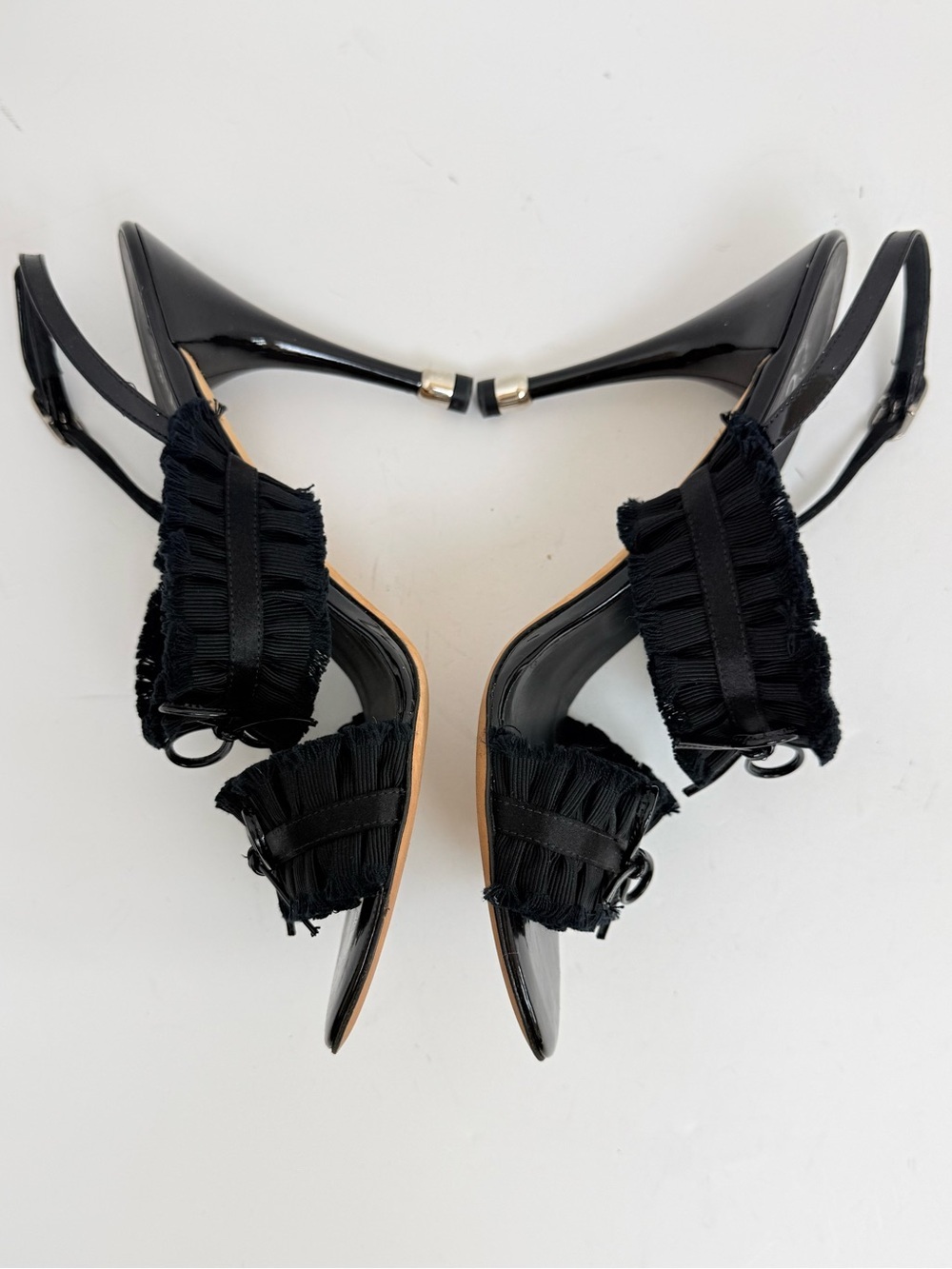 Chanel 12P Black Patent Fringe Bow Slingback Heels CC Logo Sandals EU 39 - Picture 5 of 11